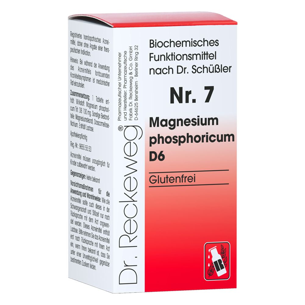 Schachtel mit Aufschrift: Nr. 7 Magnesium phosphoricum D6. Glutenfrei. Marke: Dr. Reckeweg. Rote und weiße Farben.