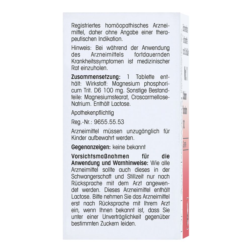 Rückseite der Schachtel mit Text. Zusammensetzung, Vorsichtsmaßnahmen, Dosierung. Apothekenpflichtig. Reg.-Nr.: 9655.55.53.