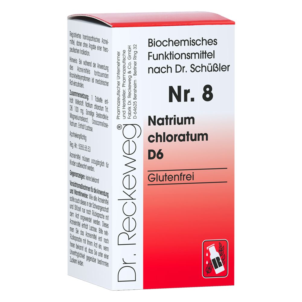 Weiße und rote Schachtel. Aufschrift: Nr. 8 Natrium chloratum D6. Glutenfrei. Marke: Dr. Reckeweg. Biochemisches Funktionsmittel.