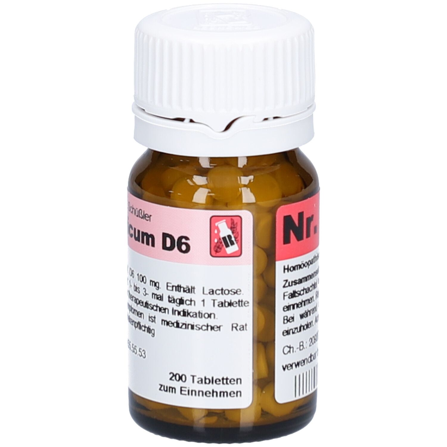 Braune Glasflasche mit weißem Deckel. Etikett mit rotem Feld und Text: Natrium phosphoricum D6. 200 Tabletten.