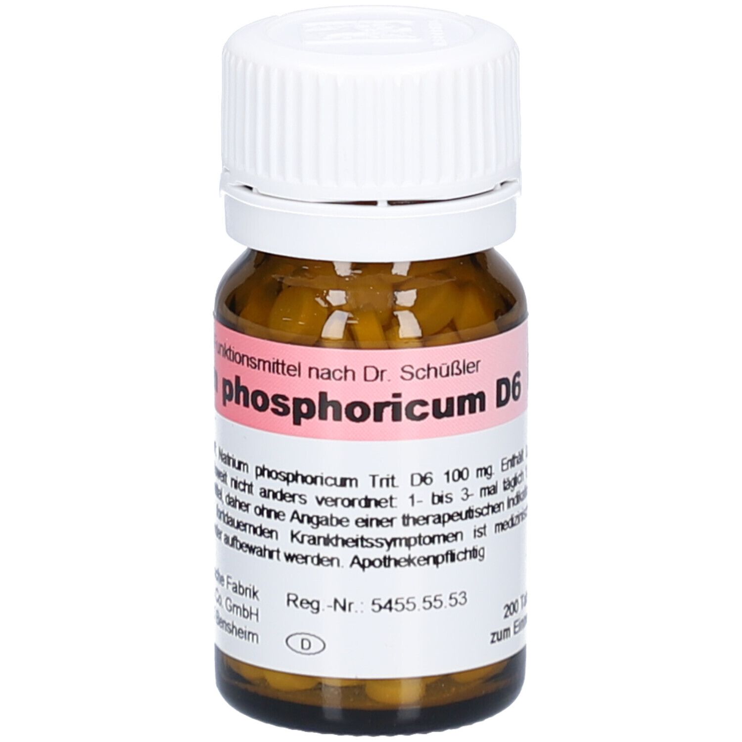 Braune Glasflasche mit weißem Deckel. Etikett mit rotem Feld und Text: phosphoricum D6. Tabletten sichtbar.