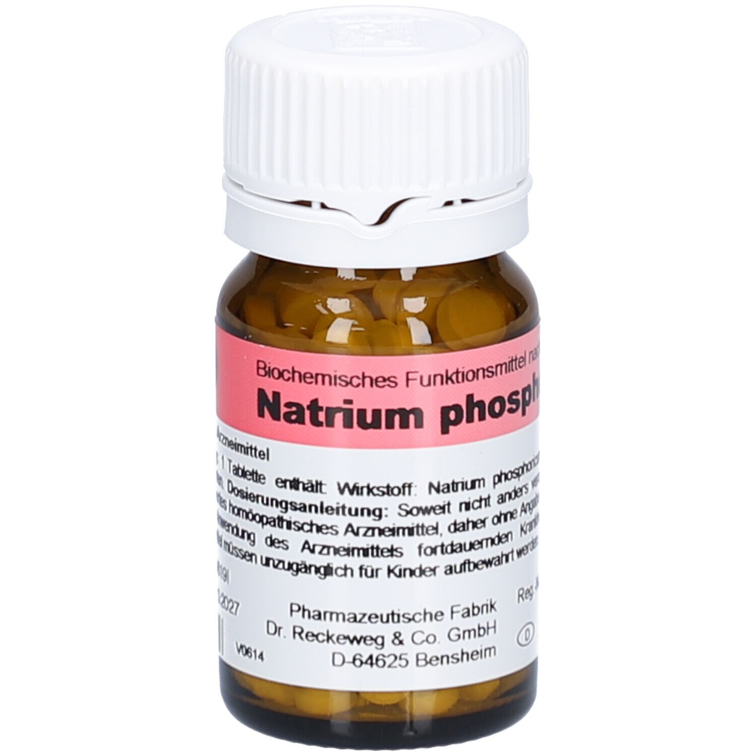 Braune Glasflasche mit weißem Deckel. Etikett mit rotem Feld und Text: Natrium phosph. Tabletten sichtbar.