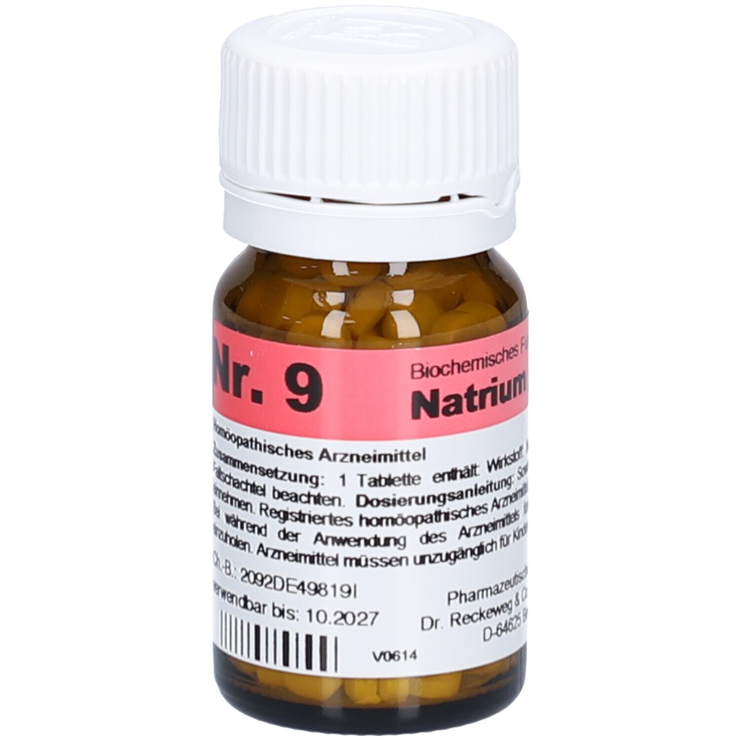Braune Glasflasche mit weißem Deckel. Etikett mit rotem Feld und Text: Nr. 9, Natrium. Tabletten sichtbar.