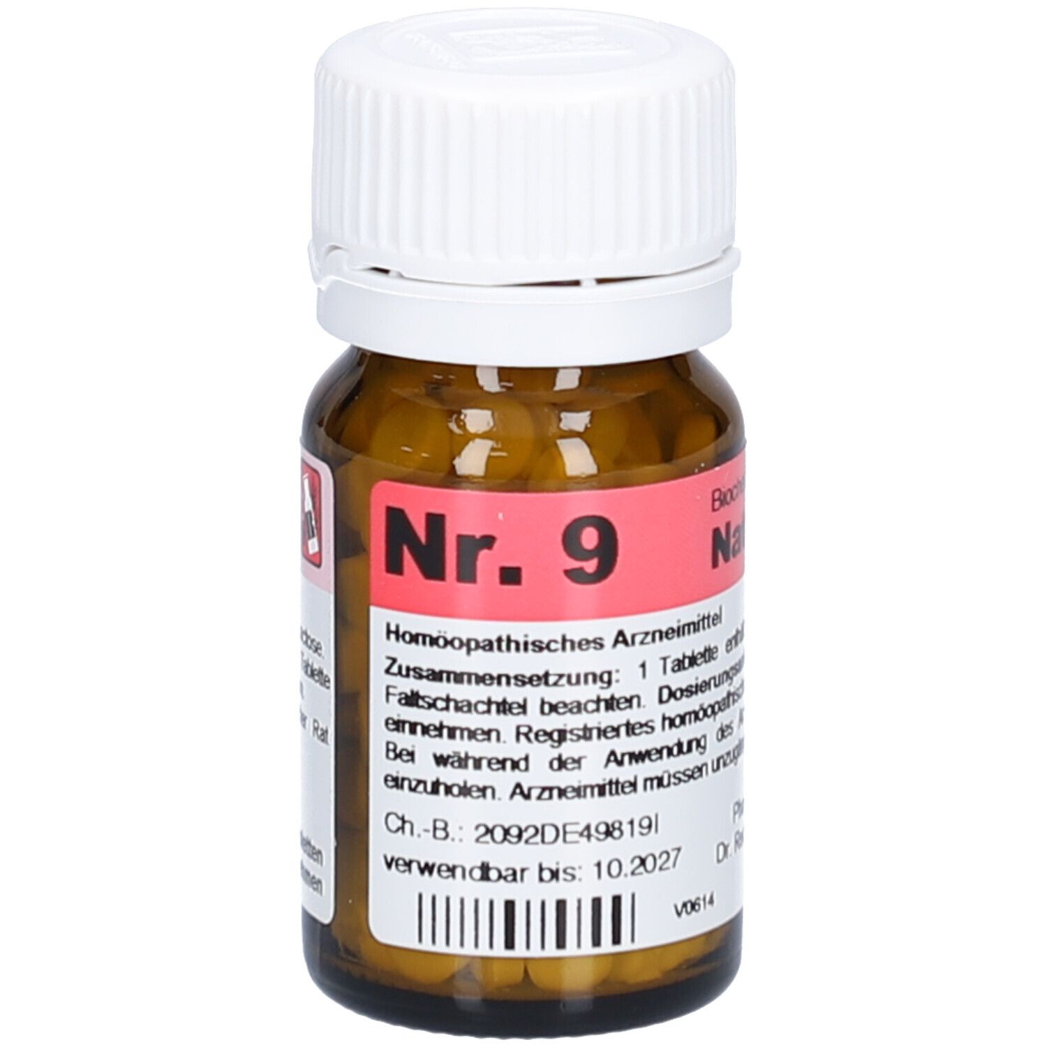 Braune Glasflasche mit weißem Deckel. Etikett mit rotem Feld und Text: Nr. 9, Natrium. Tabletten sichtbar.