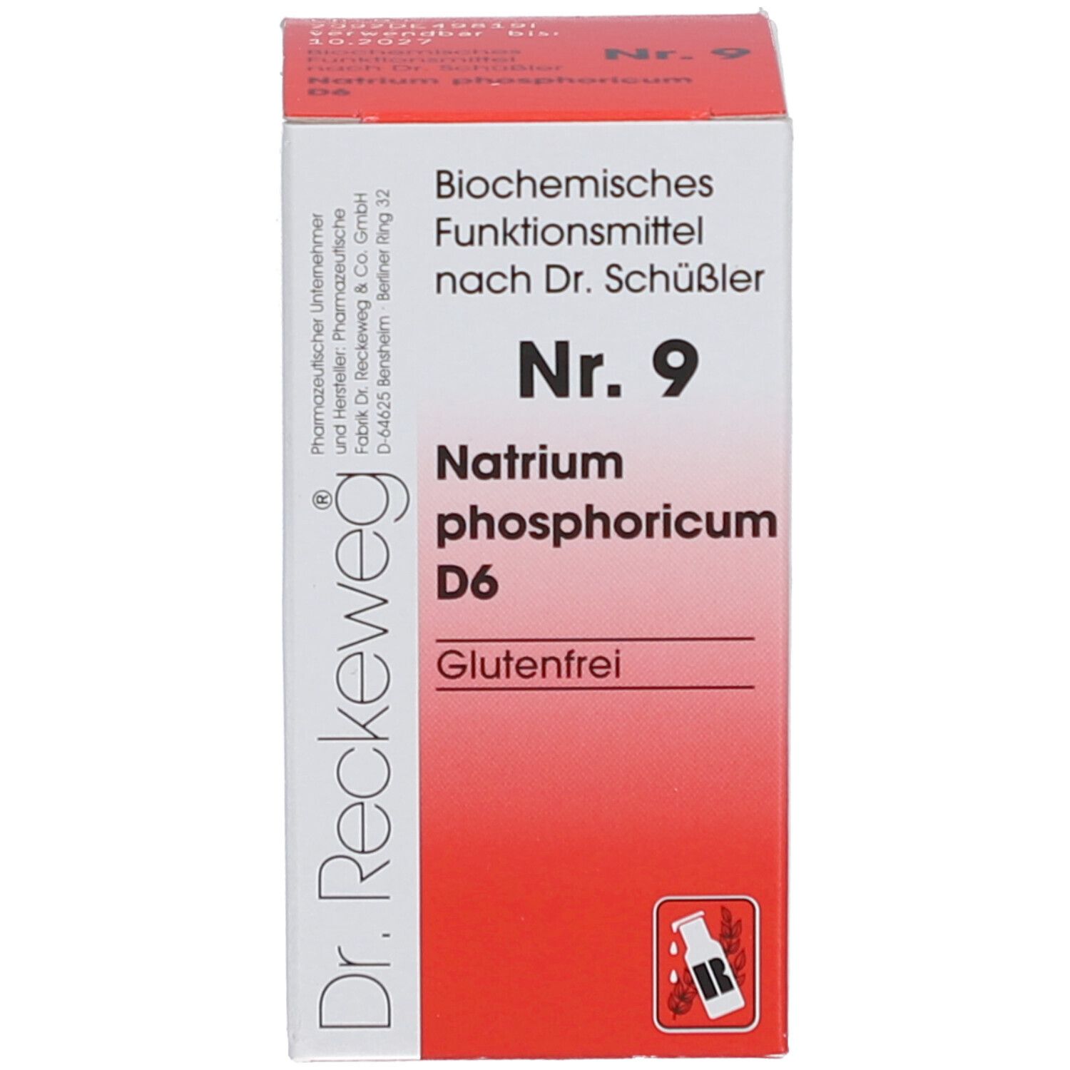 Rote Schachtel mit Text: Nr. 9, Natrium phosphoricum D6, glutenfrei. Marke Dr. Reckeweg.