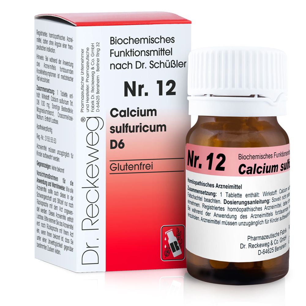 Braune Glasflasche mit weißen Deckel und Tabletten. Daneben eine rote und weiße Schachtel mit Produktinformationen.