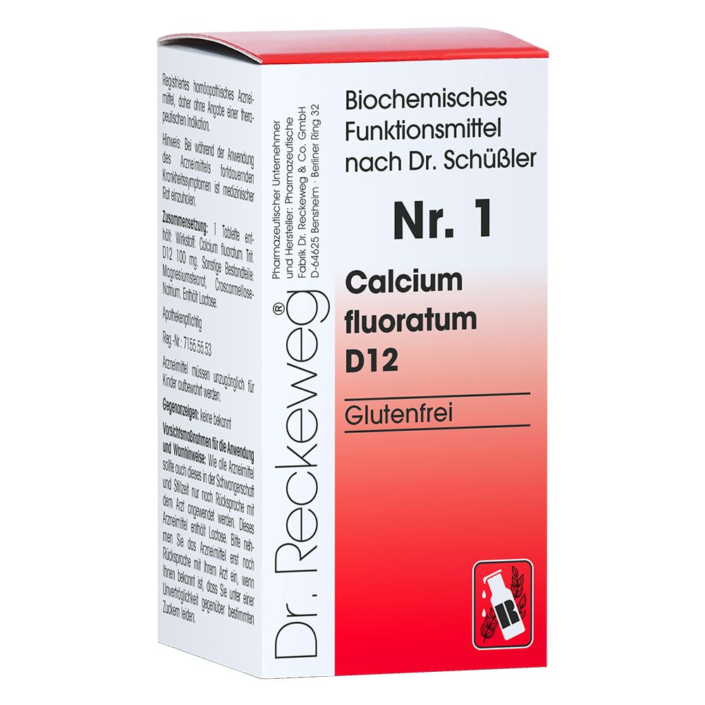 Rote und weiße Schachtel mit Produktinformationen. Aufschrift: Calcium fluoratum D12, glutenfrei.