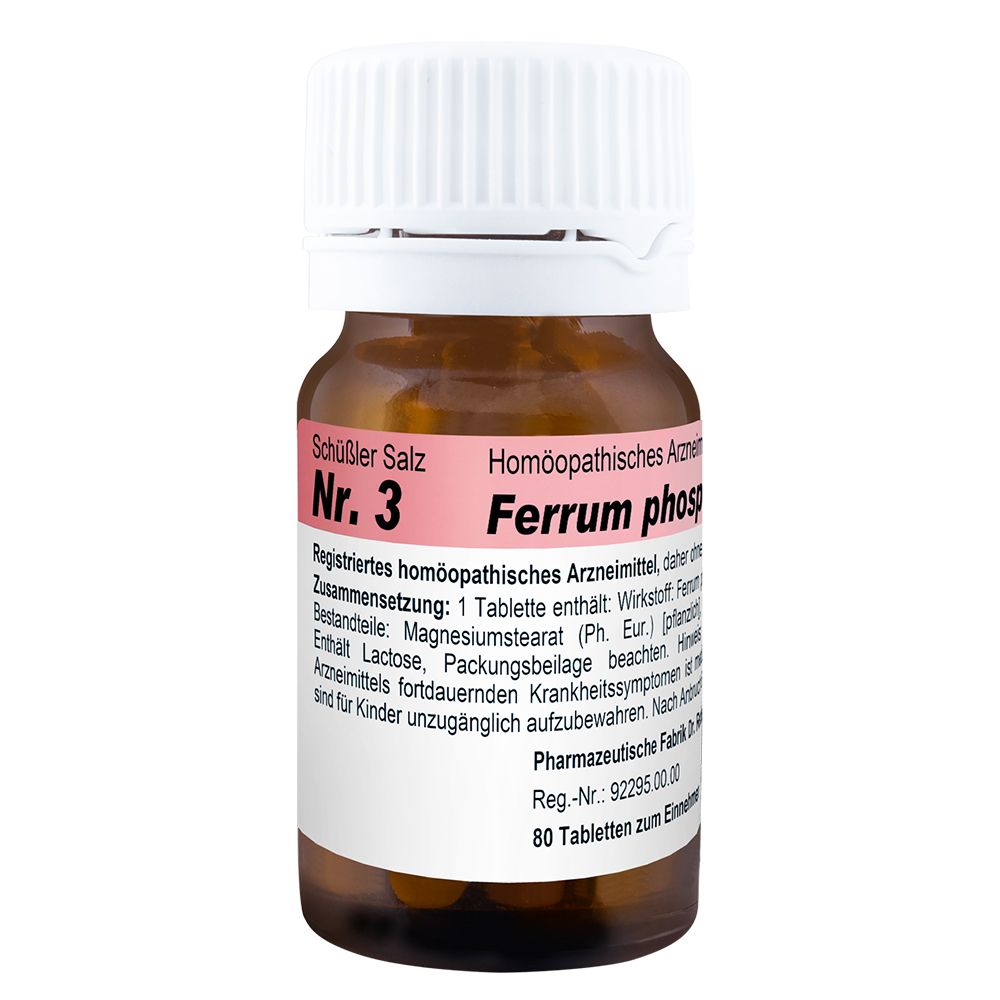 Braune Tablettenflasche mit weißem Deckel. Aufschrift: Nr. 3 Ferrum phosphoricum D12. 80 Tabletten.