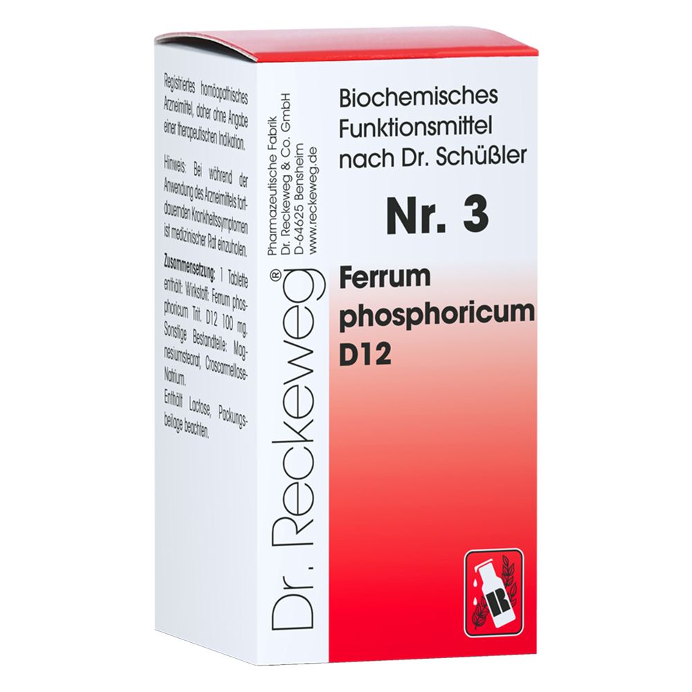 Weiße Schachtel mit rotem Streifen. Aufschrift: Nr. 3 Ferrum phosphoricum D12. Marke: Dr. Reckeweg.
