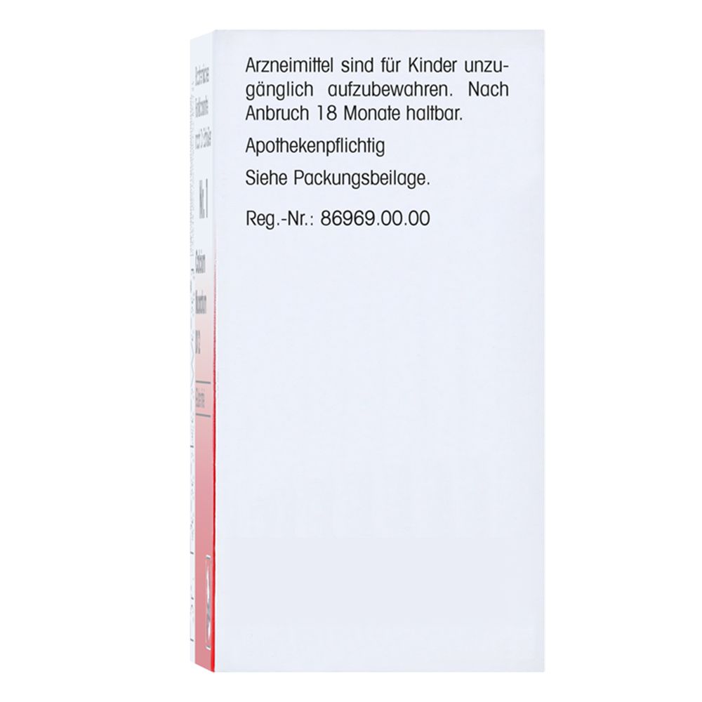 Text auf weißer Schachtel. Haltbarkeit, Apothekenpflichtig, Reg.-Nr. 86969.00.00.