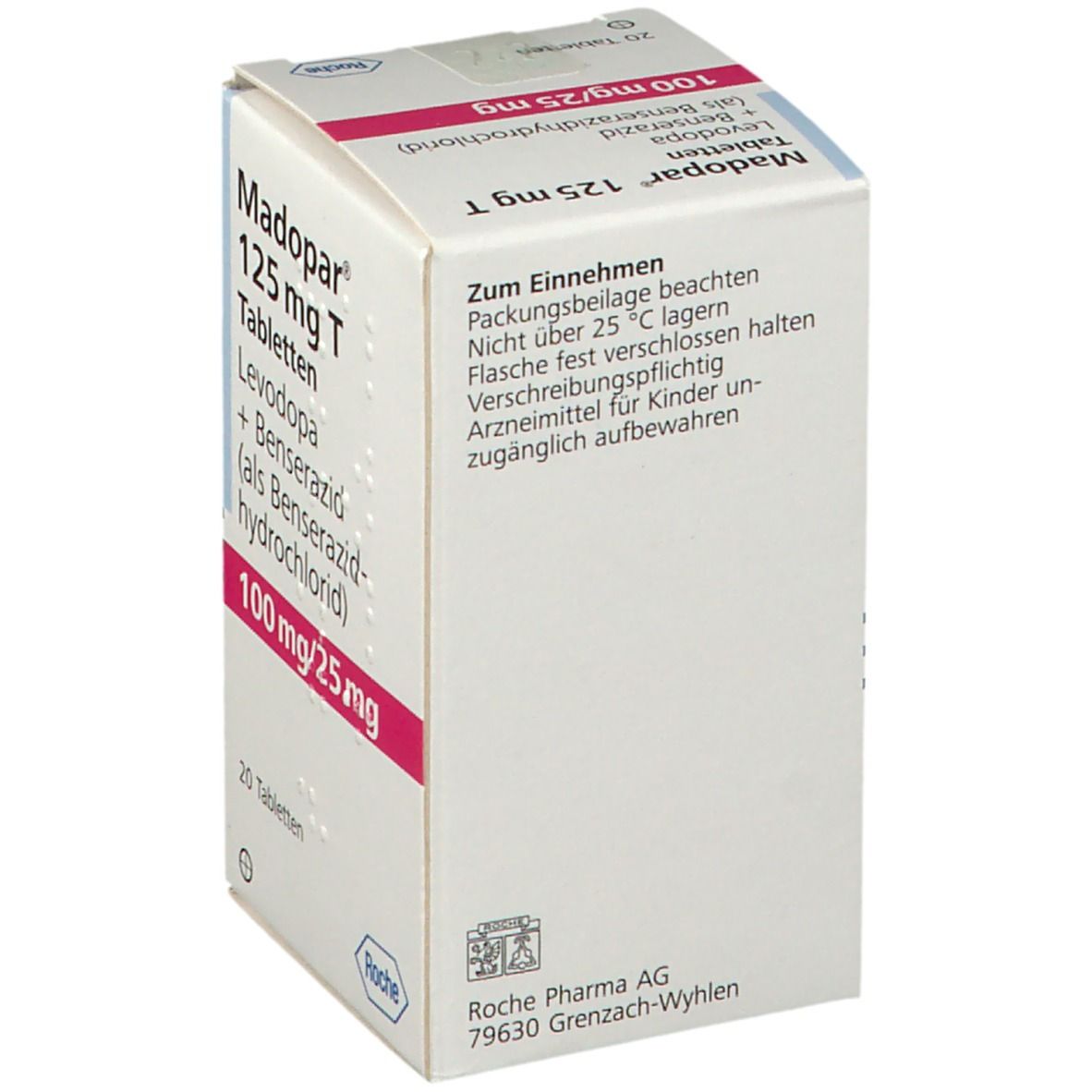 Rückseite der Madopar 125 mg T Tabletten Verpackung mit Hinweisen.