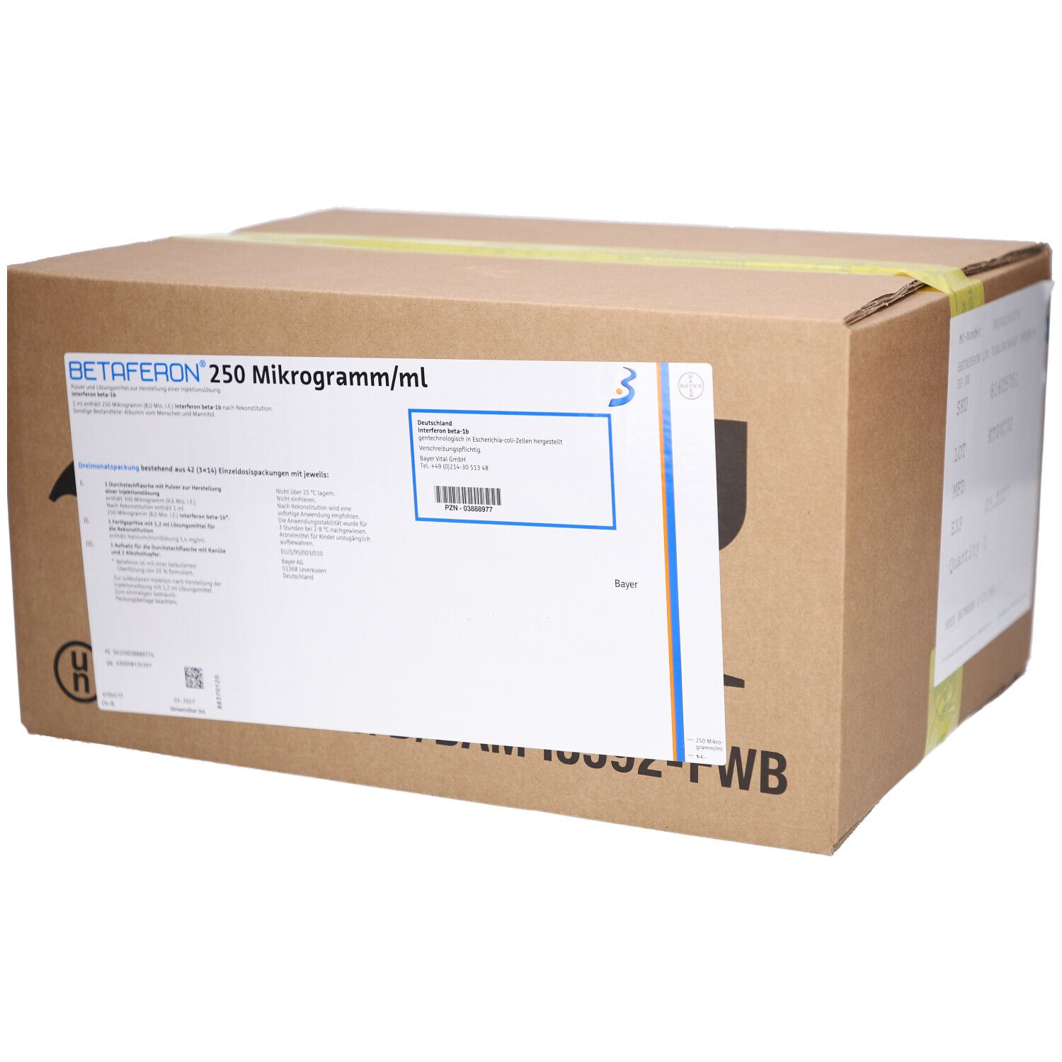 Brauner Karton mit Aufschrift BETAFERON 250 Mikrogramm/ml. Ein weißes Etikett mit Produktinformationen und Barcode ist angebracht.
