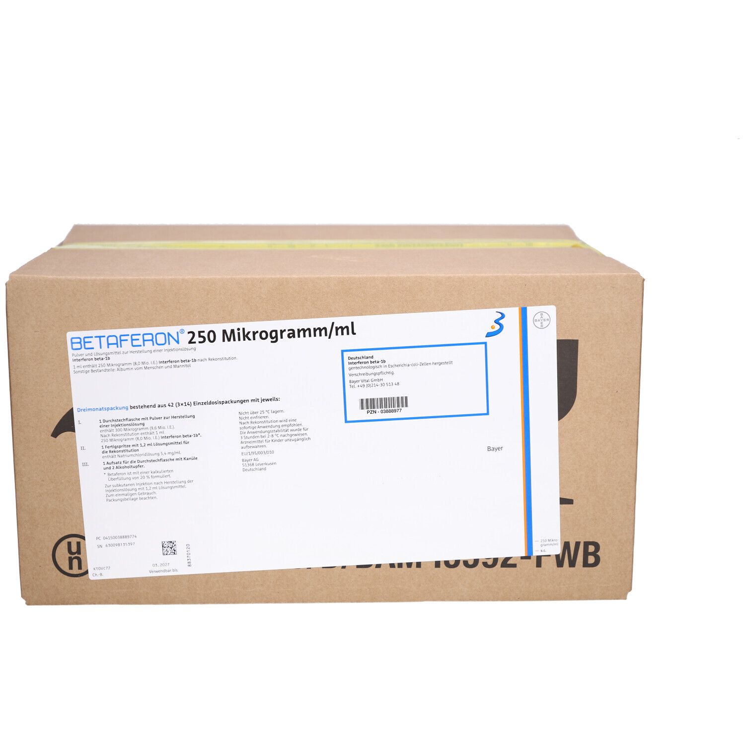 Braune Kartonverpackung mit weißem Etikett. Auf dem Etikett steht BETAFERON 250 Mikrogramm/ml. Das Bayer-Logo ist ebenfalls sichtbar.