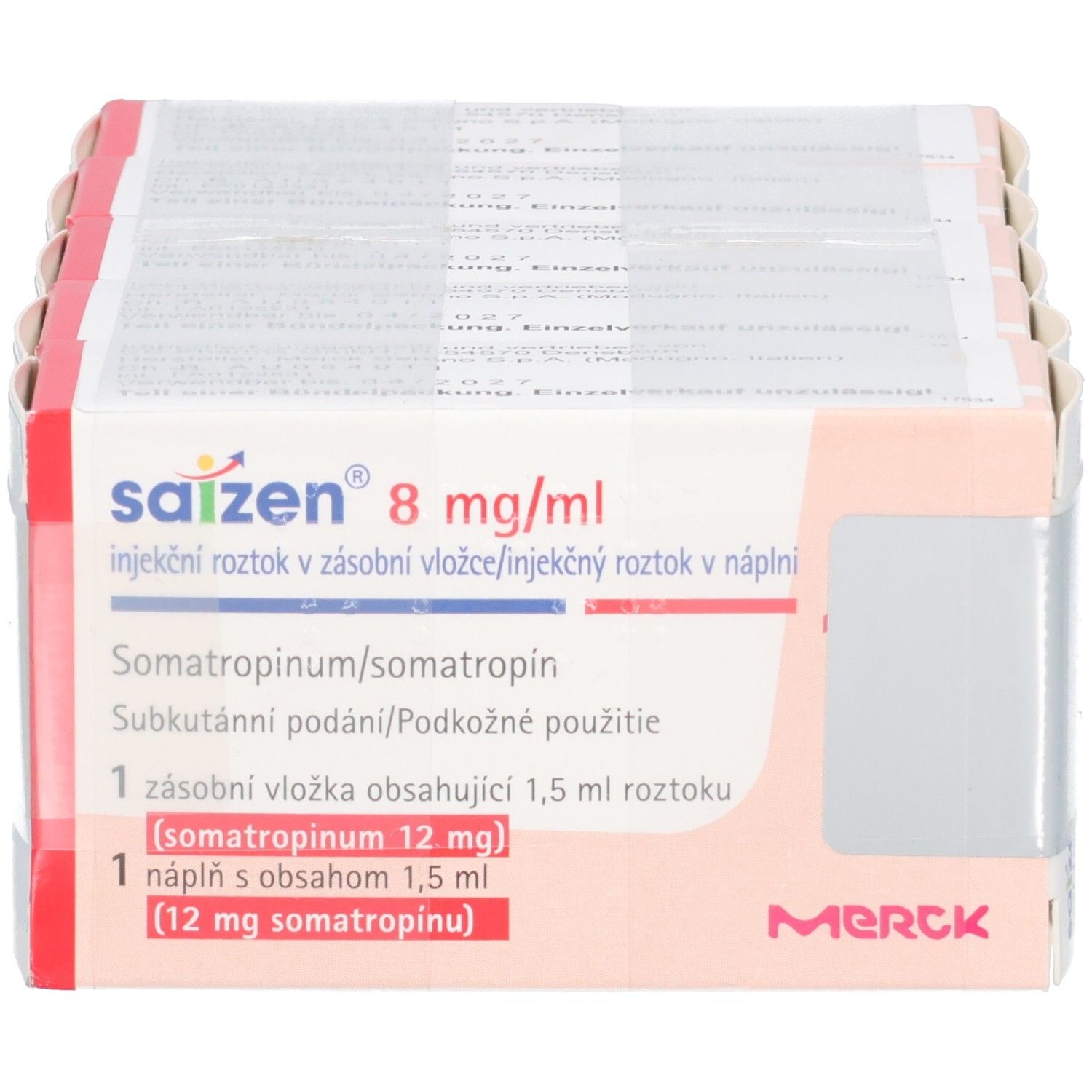 Verpackung von SAIZEN 8 mg/ml Injektionslösung. Rote und weiße Schachtel mit Produktinformationen und Merck-Logo.