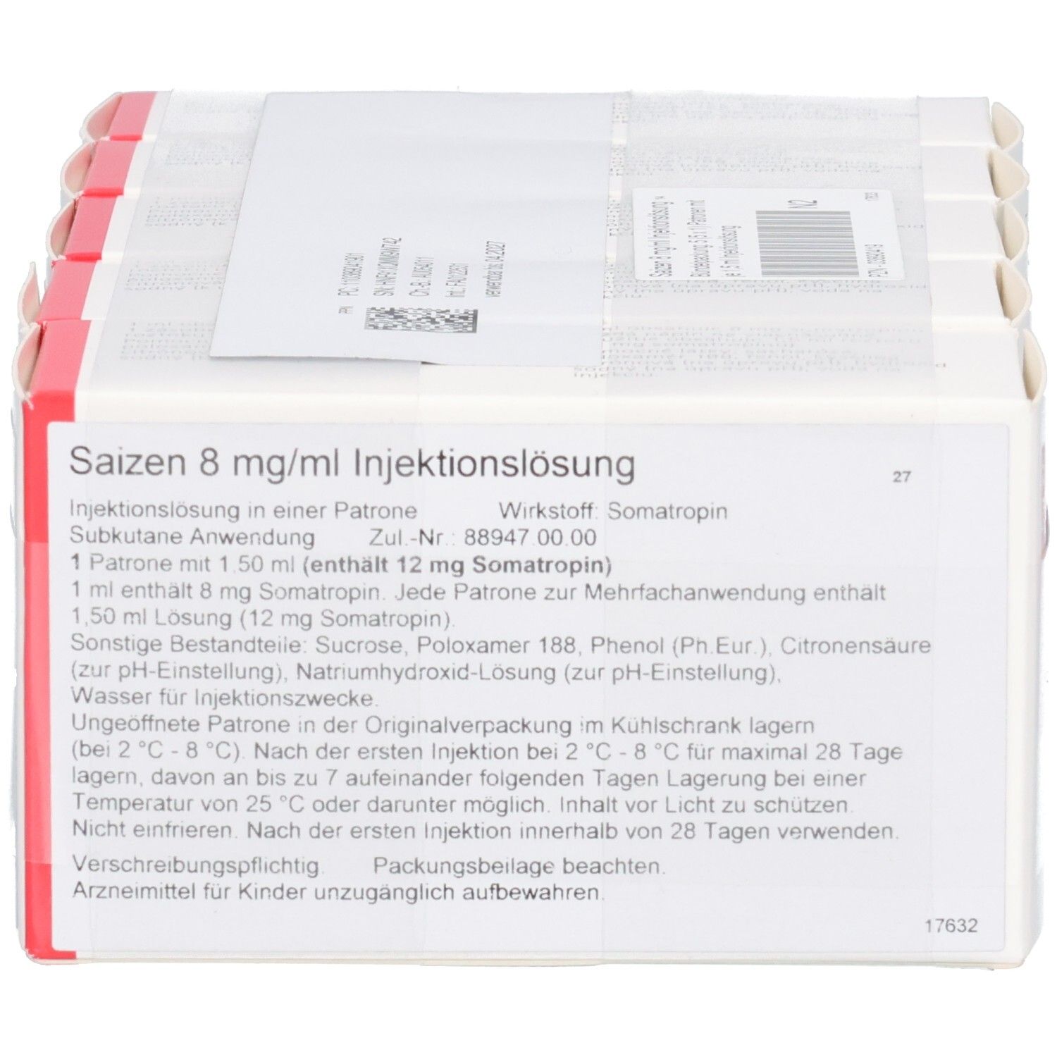 Verpackung von SAIZEN 8 mg/ml Injektionslösung. Weiße Schachtel mit Produktinformationen und Text.