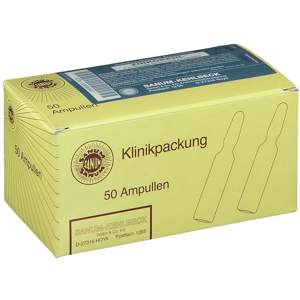 Karton mit 50 Ampullen. Aufschrift: Klinikpackung, SANUM-KEHLBECK. Gelbe Verpackung mit blauer Beschriftung.