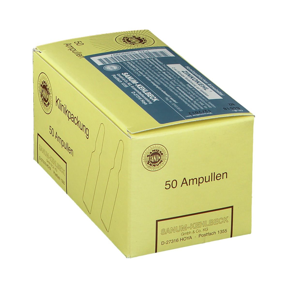 Karton mit 50 Ampullen. Aufschrift: Klinikpackung, SANUM-KEHLBECK. Gelbe Verpackung mit blauer Beschriftung.