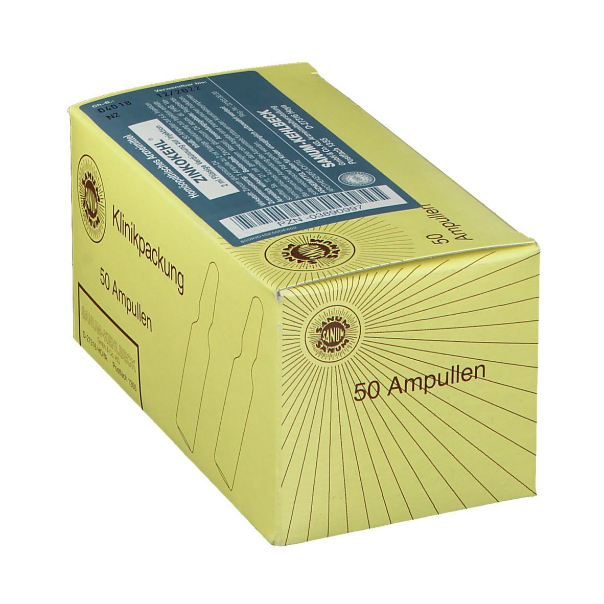 Karton mit 50 Ampullen. Aufschrift: Klinikpackung, SANUM-KEHLBECK. Gelbe Verpackung mit blauer Beschriftung.