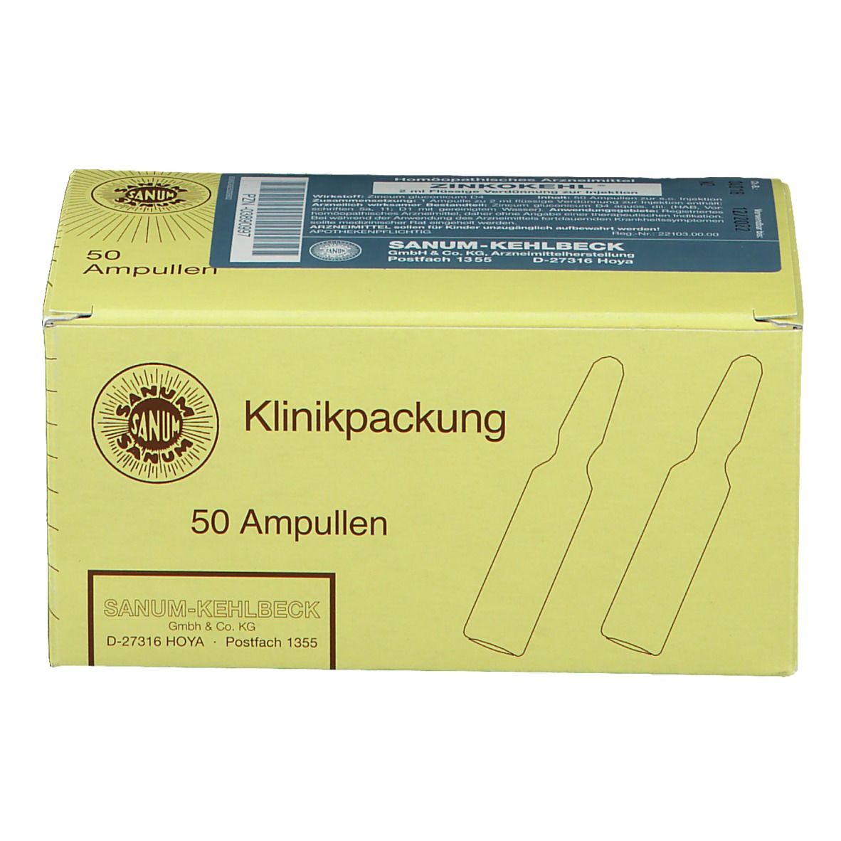Karton mit 50 Ampullen. Aufschrift: Klinikpackung, SANUM-KEHLBECK. Gelbe Verpackung mit blauer Beschriftung.