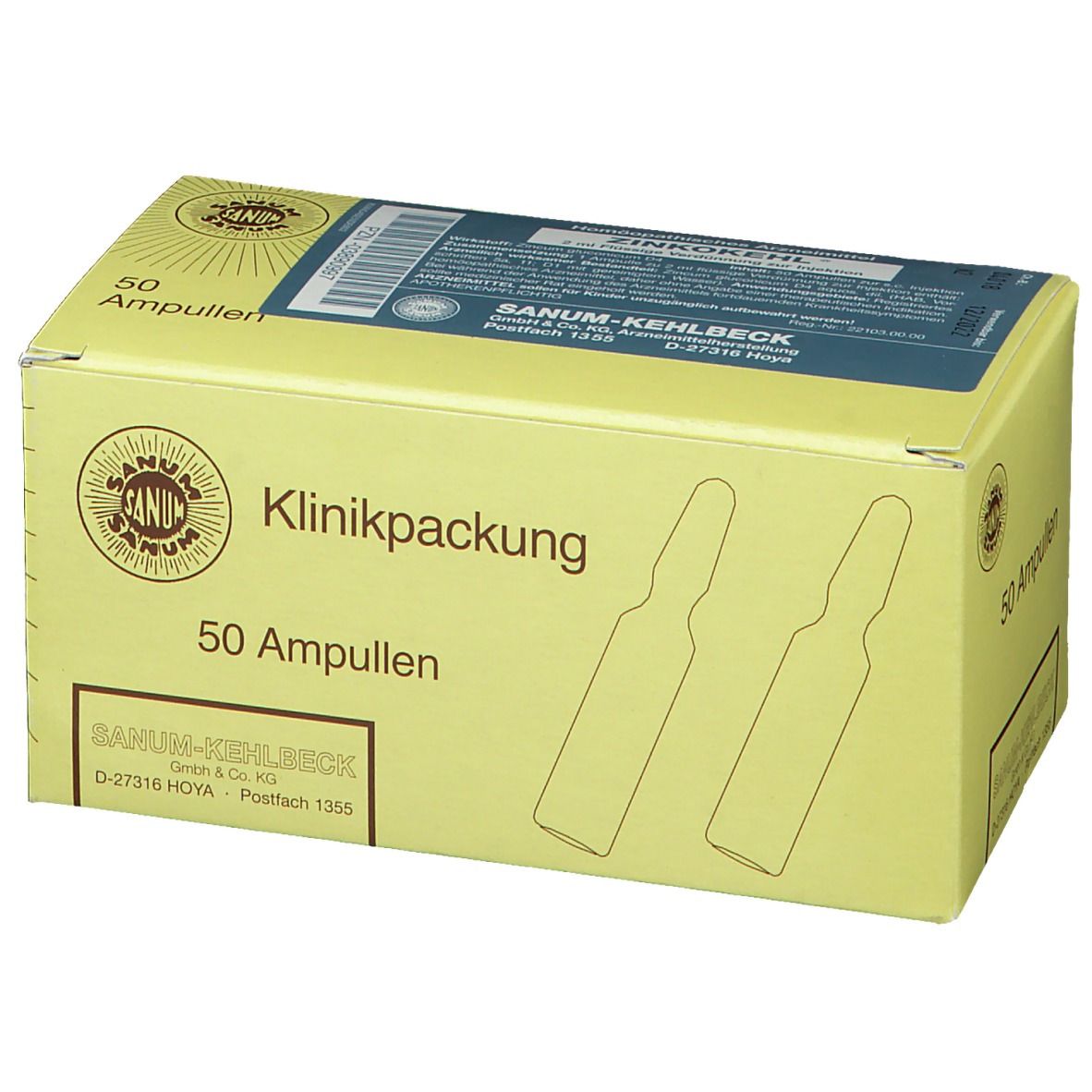 Karton mit 50 Ampullen. Aufschrift: Klinikpackung, SANUM-KEHLBECK. Gelbe Verpackung mit blauer Beschriftung.