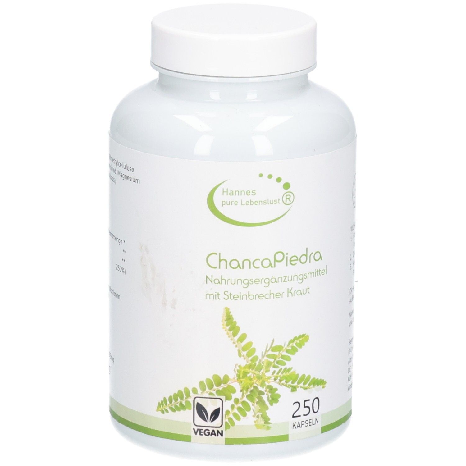 Weiße Flasche mit Kapseln. Aufschrift: Hannes pure Lebenslust, ChancaPiedra, 250 Kapseln, vegan.