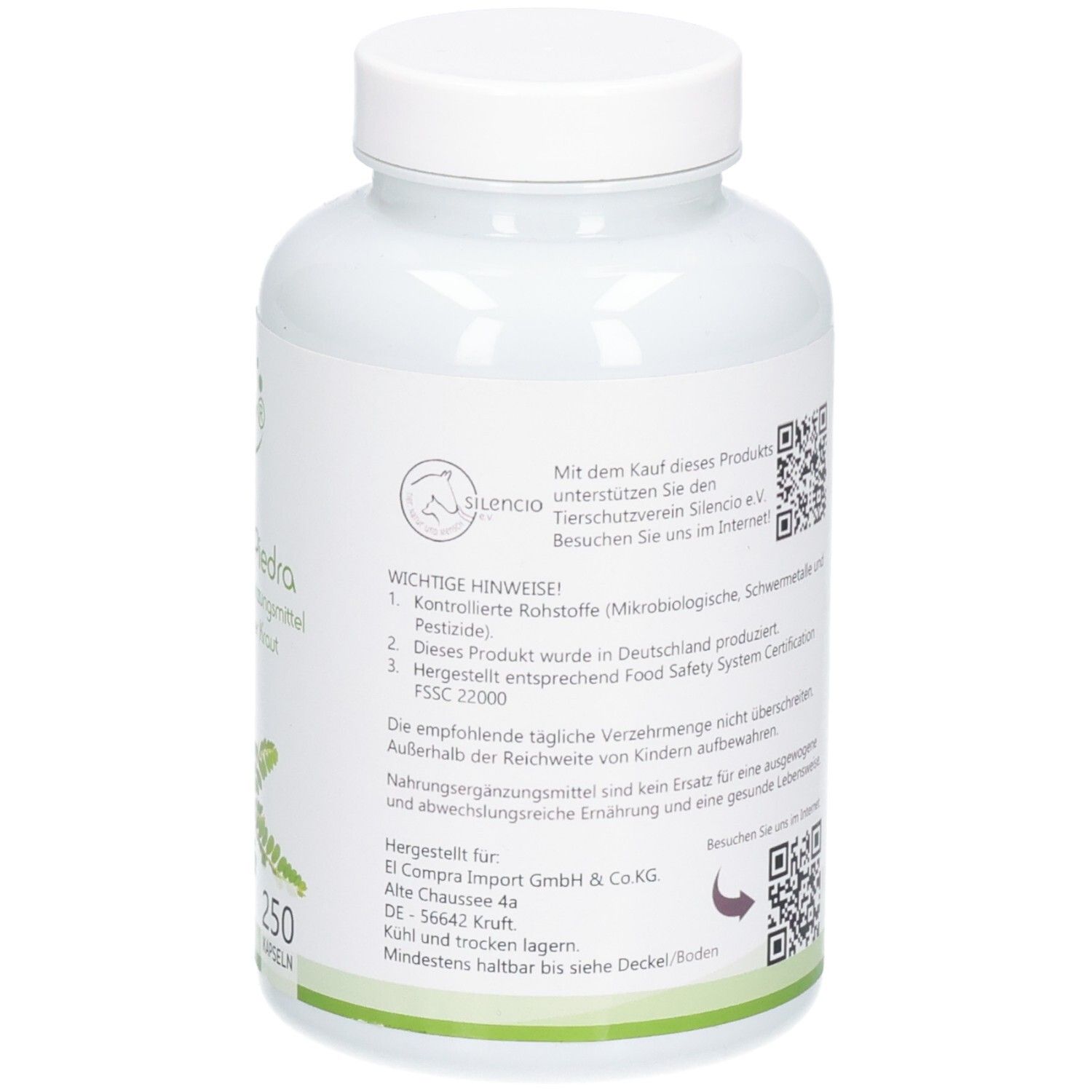 Rückseite der Flasche. QR-Codes, wichtige Hinweise, Herstellerinformationen.