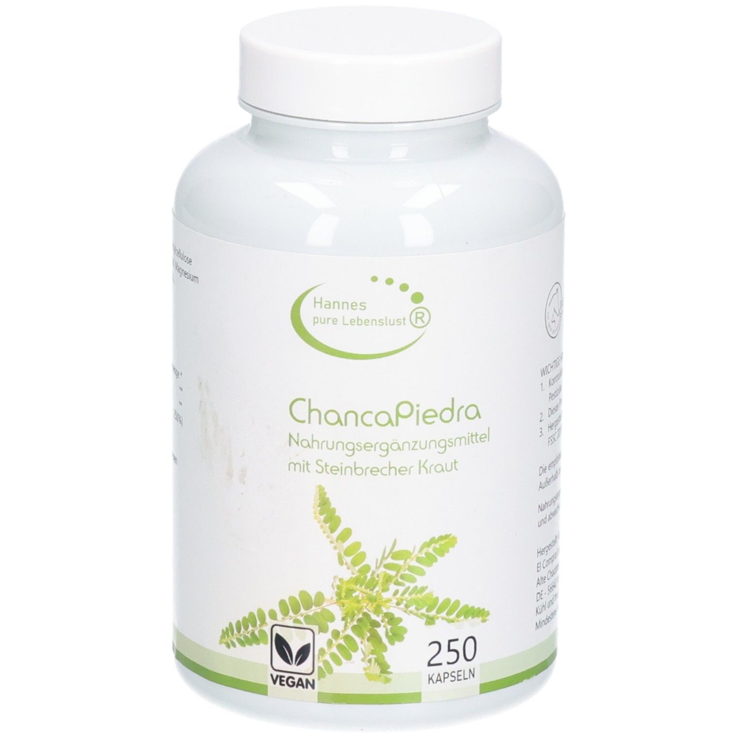 Weiße Flasche mit Kapseln. Aufschrift: Hannes pure Lebenslust, ChancaPiedra, 250 Kapseln, vegan.