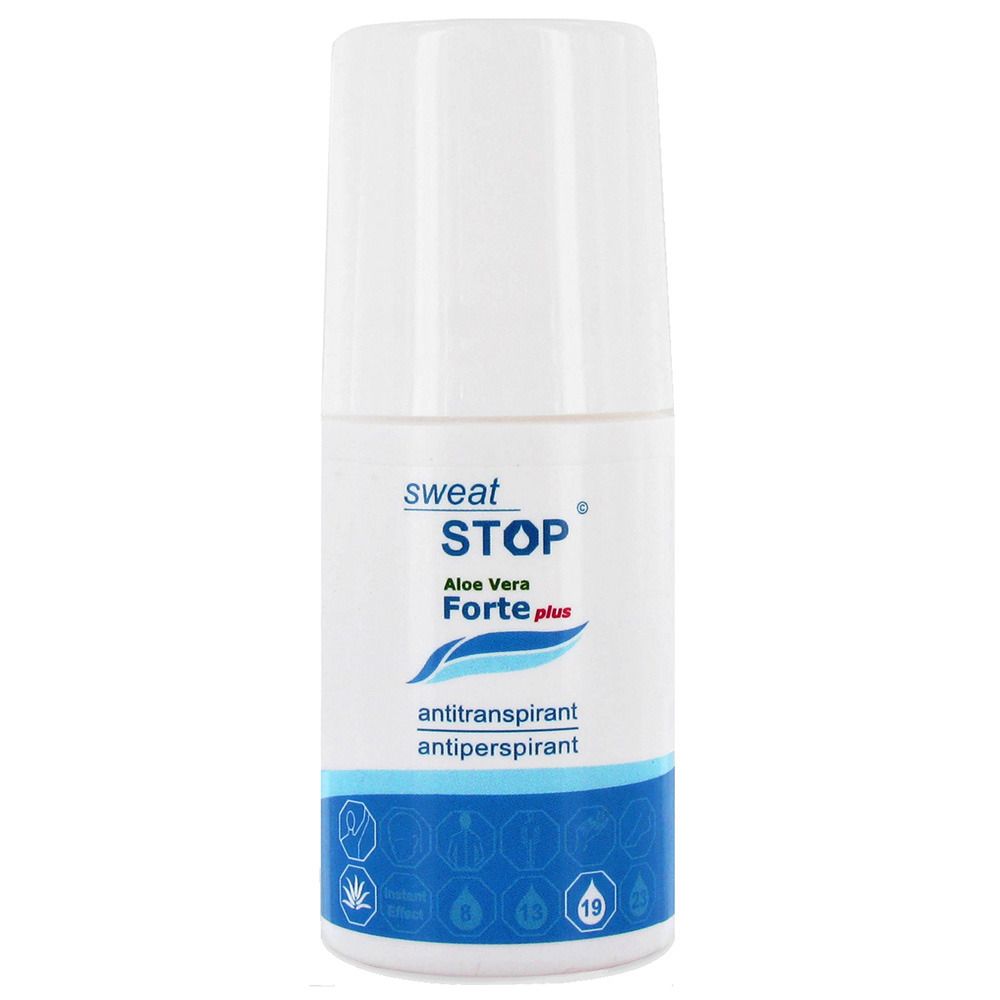 Weißer Roll-on-Antitranspirant. Aufschrift: Sweat Stop, Aloe Vera Forte plus. Blaue Wellen und Schriftzug: Antitranspirant/Antiperspirant.