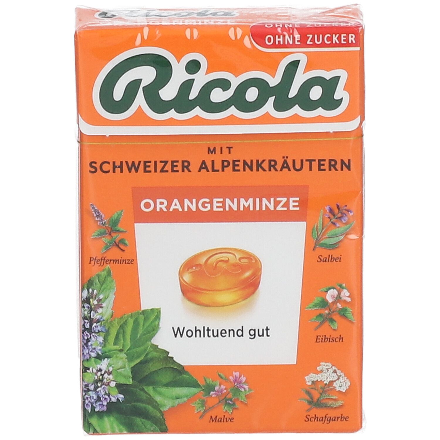 Ricola® Schweizer Kräuterbonbons Box Orangenminze ohne Zucker 50 g