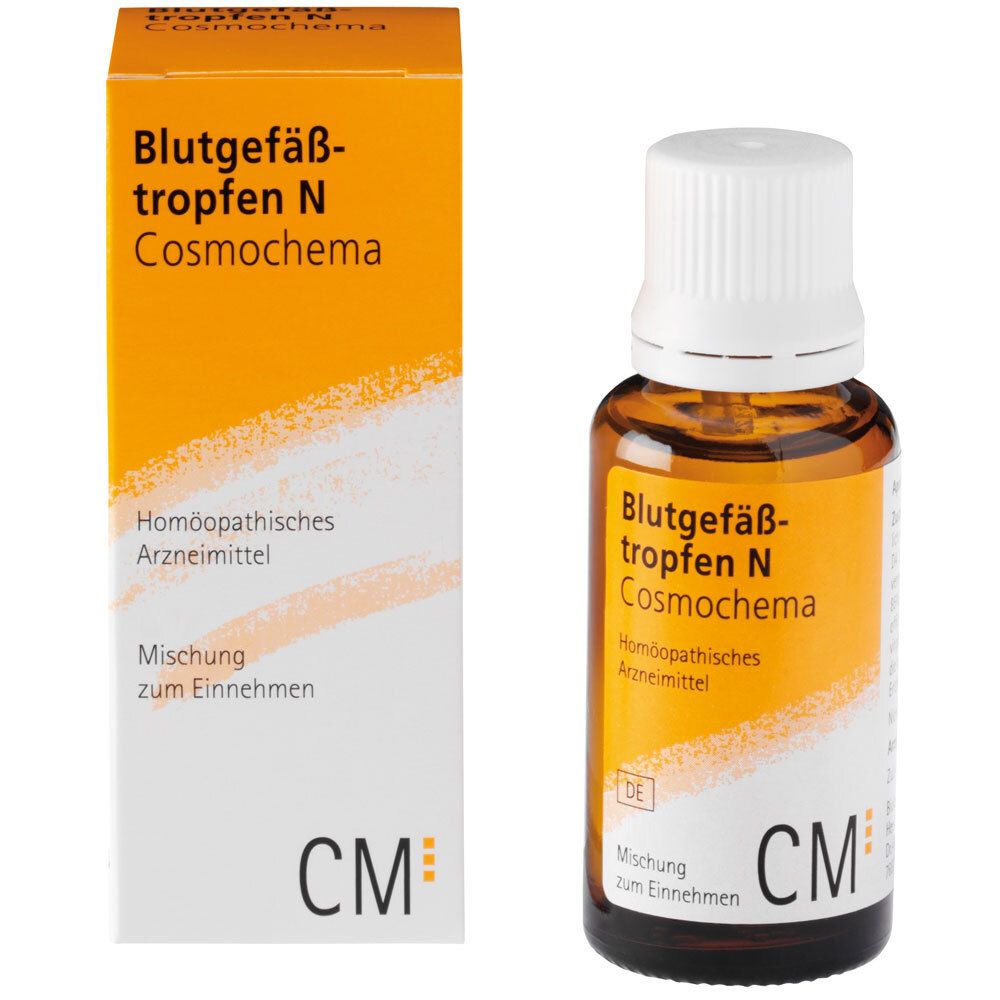 Braune Glasflasche und Schachtel mit Produktnamen Blutgefäßtropfen N Cosmochema. Aufschrift: Homöopathisches Arzneimittel, Mischung zum Einnehmen.