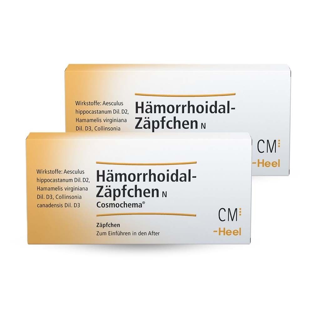 Zwei weiße Schachteln mit Produktnamen und Inhaltsstoffen. Marke Cosmochema®. CM-Heel Logo. Zäpfchen.