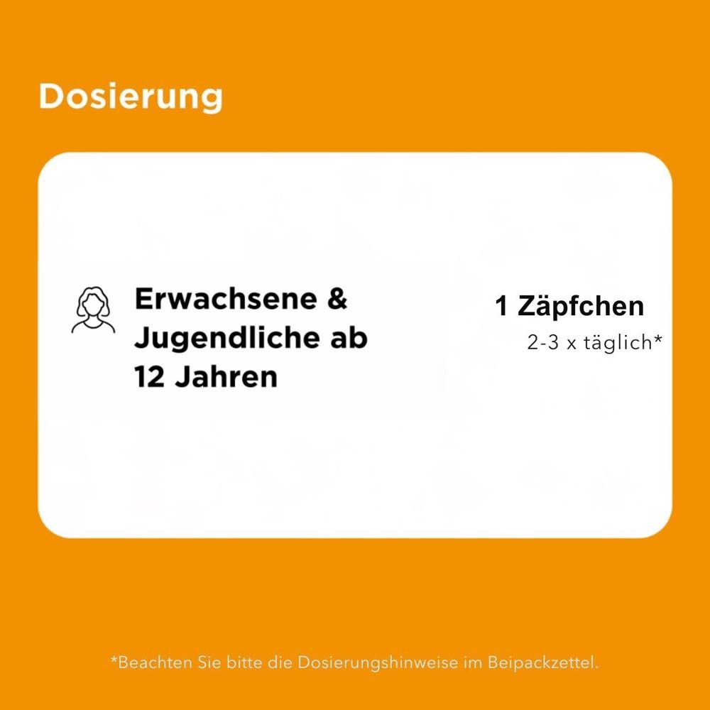 Dosierungshinweise. Erwachsene & Jugendliche ab 12 Jahren. 1 Zäpfchen 2-3 x täglich. Text: Dosierung.
