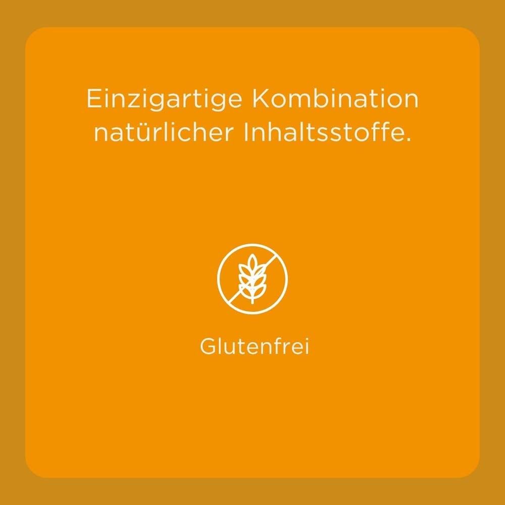 Orangefarbener Hintergrund mit Text: Einzigartige Kombination natürlicher Inhaltsstoffe. Glutenfrei-Symbol.