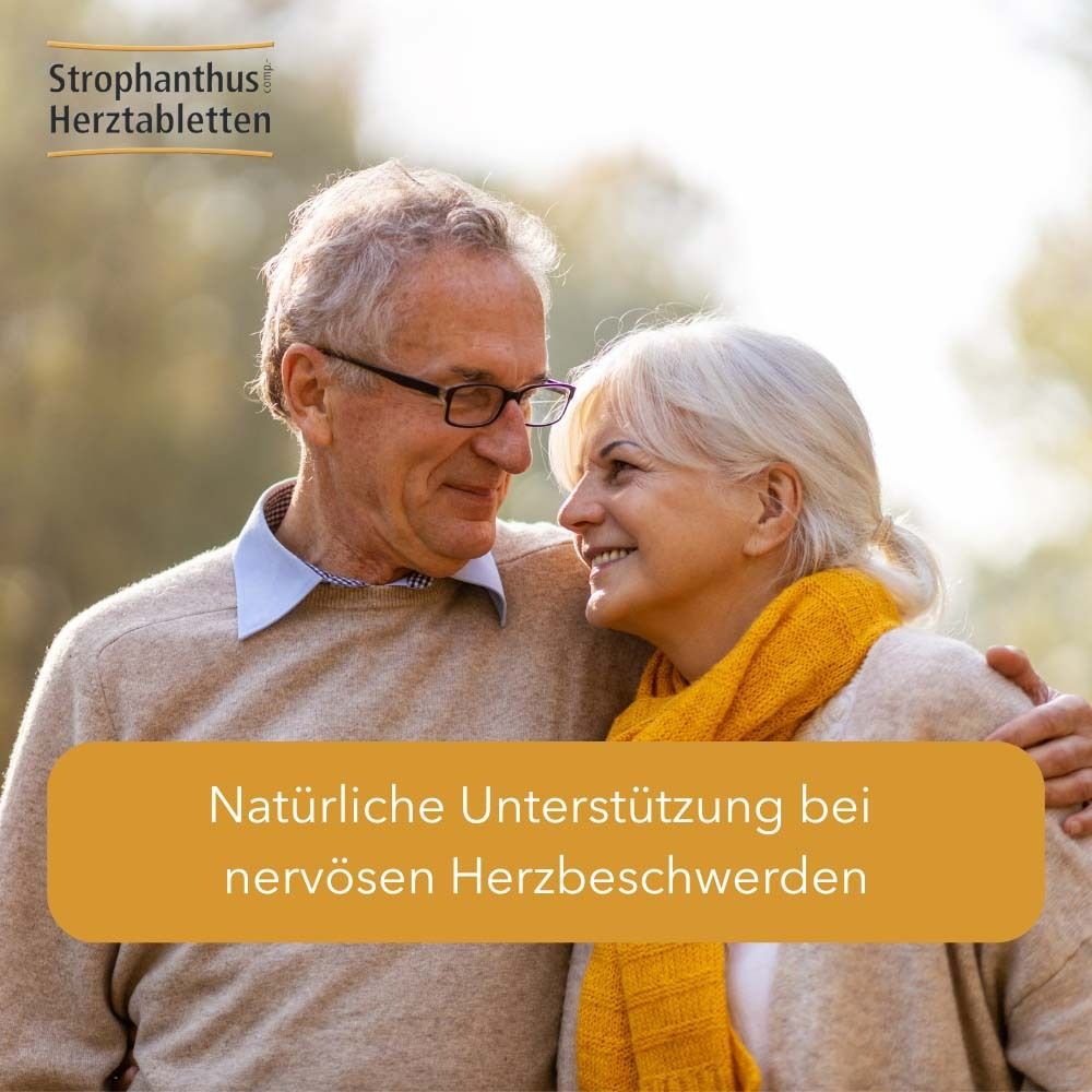 Älteres Ehepaar im Park. Text: Natürliche Unterstützung bei nervösen Herzbeschwerden.
