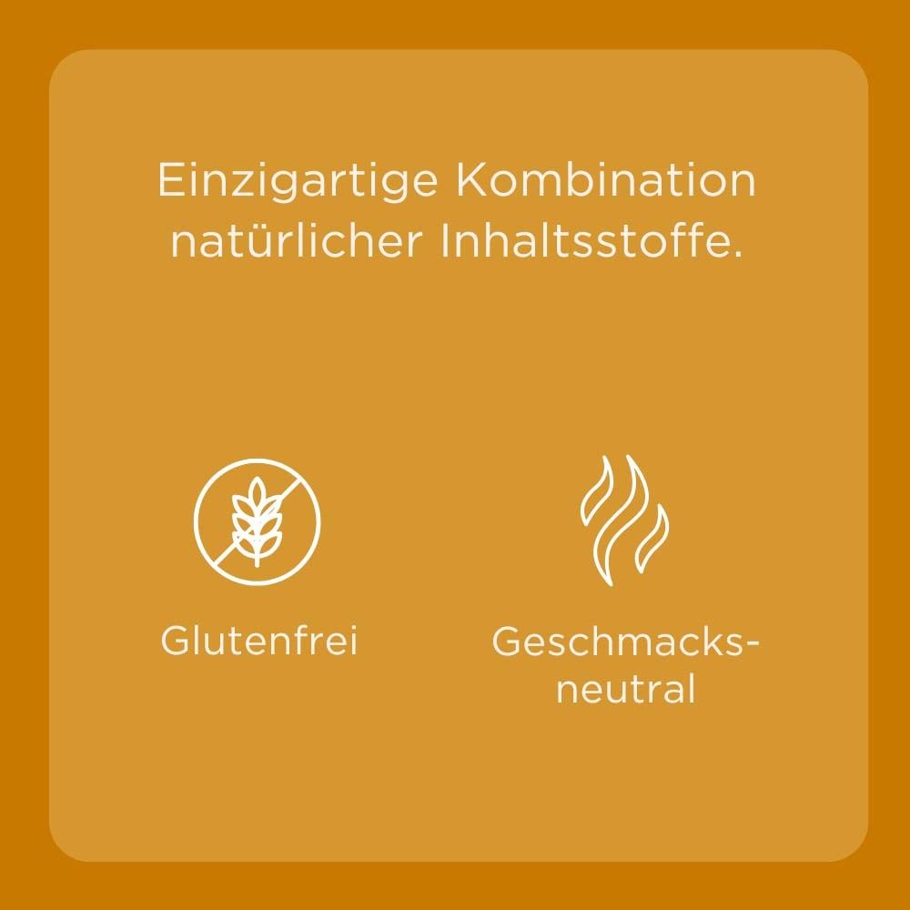 Orangefarbener Hintergrund mit Symbolen: Glutenfrei und geschmacksneutral.
