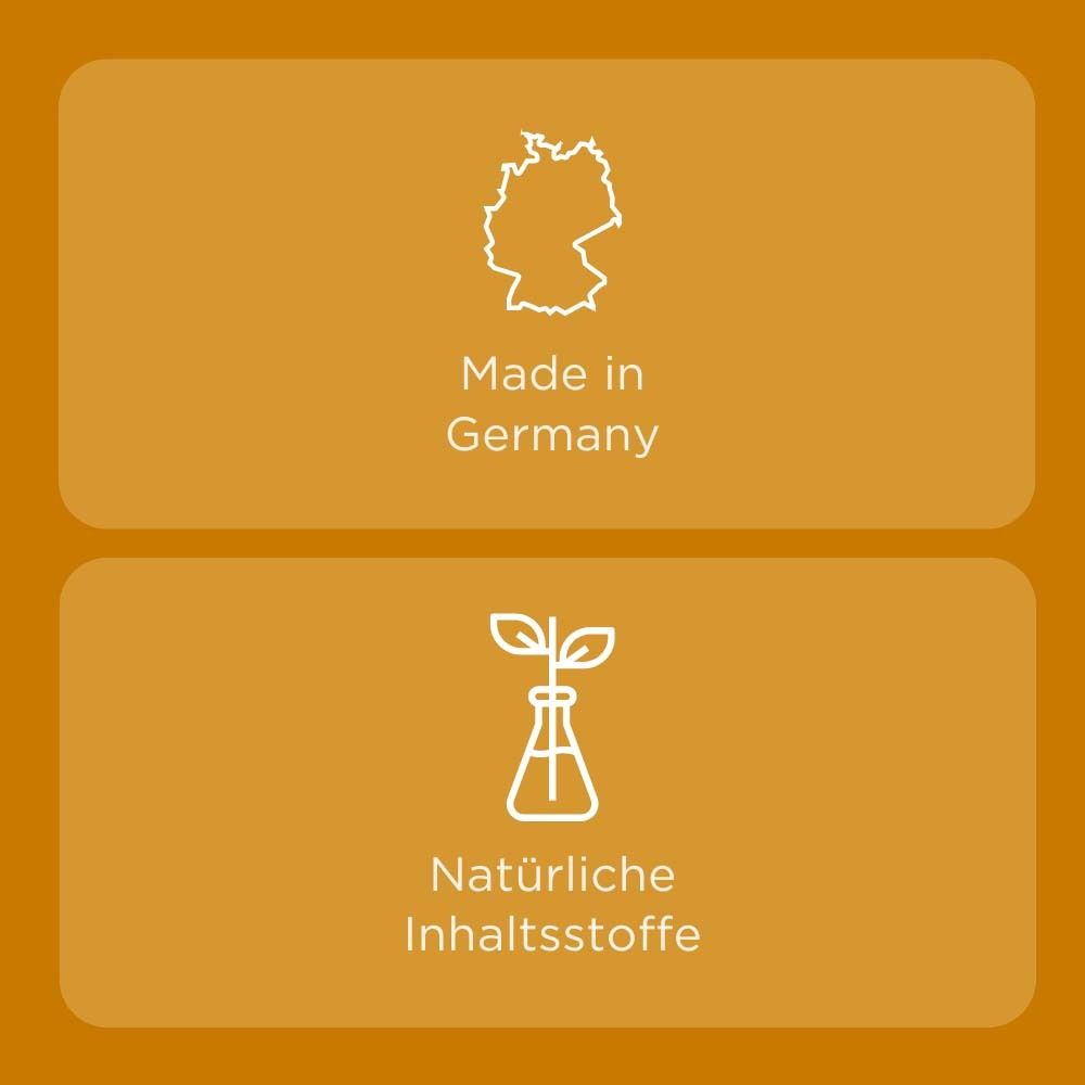 Orangefarbener Hintergrund mit Symbolen: Made in Germany und Natürliche Inhaltsstoffe.