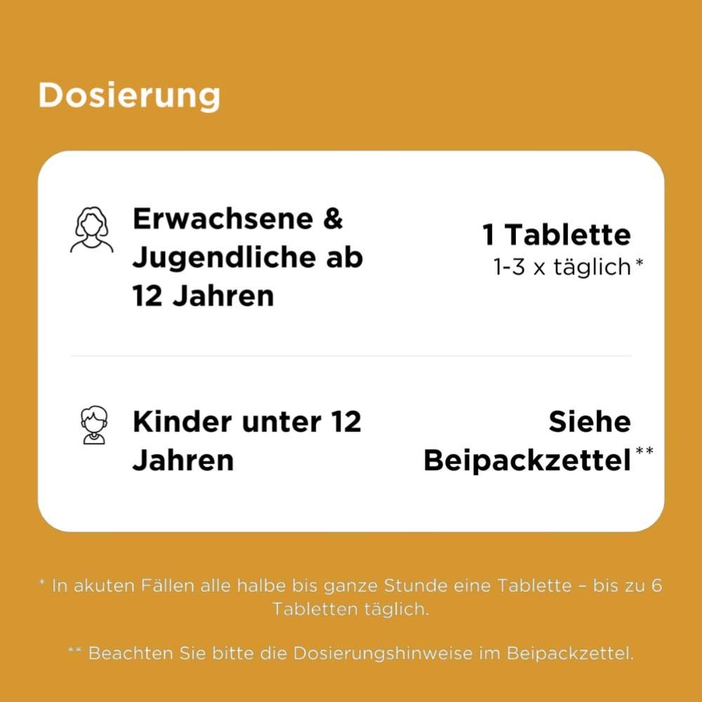 Dosierungshinweise. Erwachsene & Jugendliche ab 12 Jahren: 1 Tablette 1-3 x täglich. Kinder unter 12 Jahren: Siehe Beipackzettel.