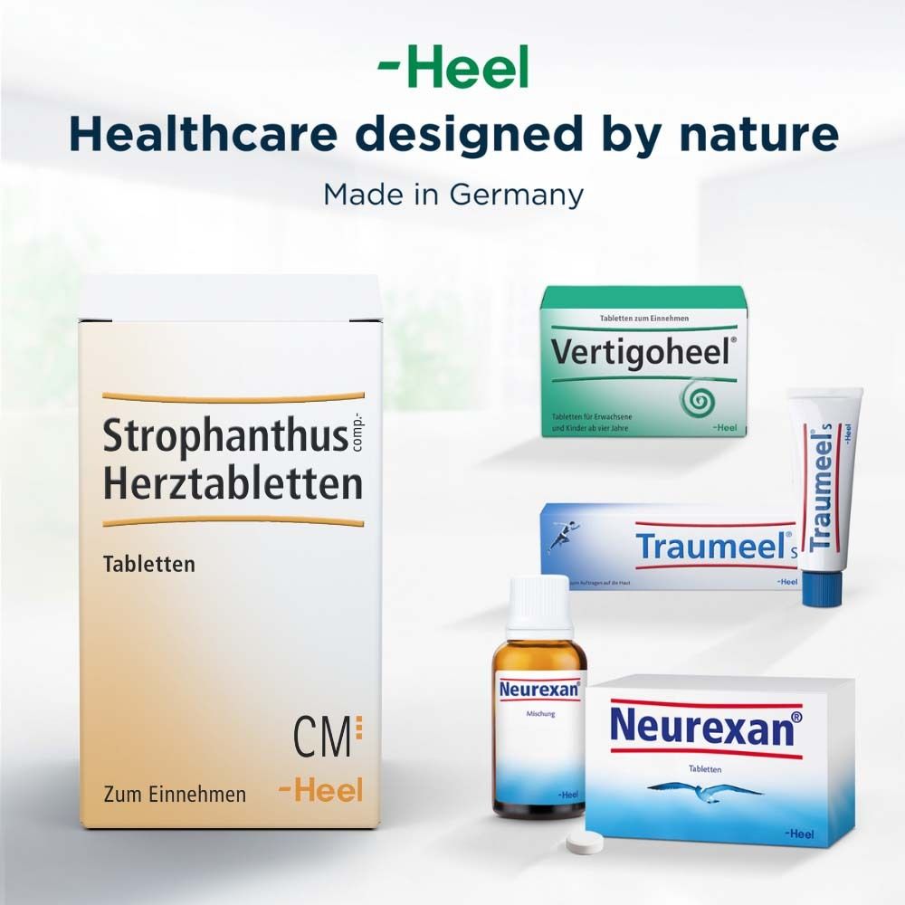 Verschiedene Heel-Produkte. Strophanthus Herztabletten, Vertigoheel, Traumeel, Neurexan.