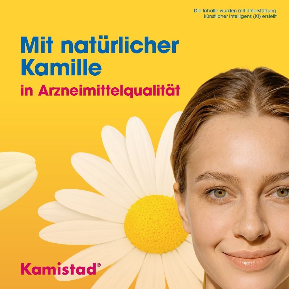 Frau lächelt mit Kamille im Hintergrund. Kamistad Gel.