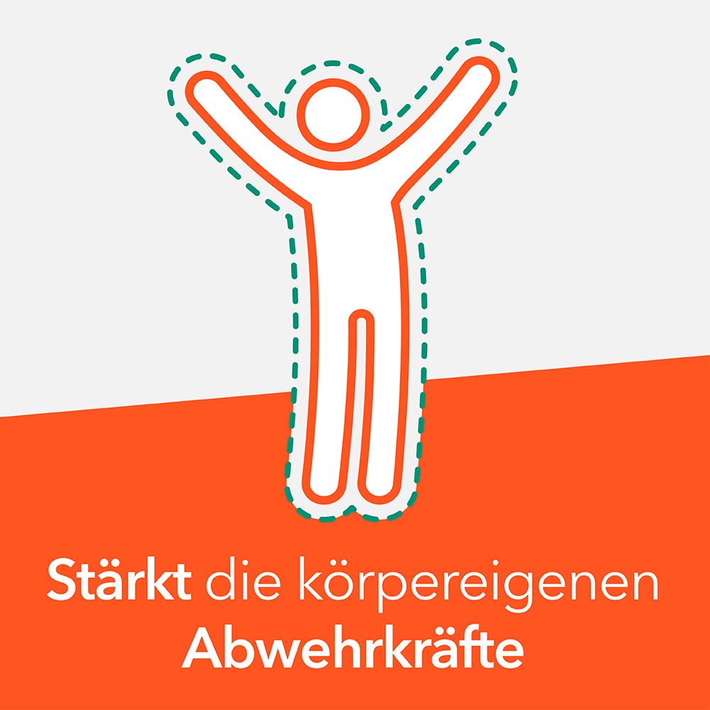 Orangefarbener Hintergrund mit weißer Figur, Arme geöffnet. Text: Stärkt die körpereigenen Abwehrkräfte.