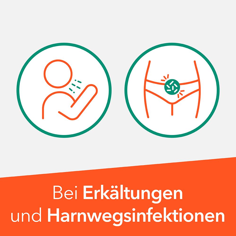 Zwei Kreise mit Symbolen. Text: Bei Erkältungen und Harnwegsinfektionen.