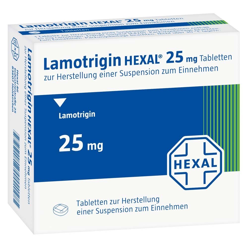 Schachtel mit Lamotrigin Hexal 25 mg Tabletten. Blaue und weiße Verpackung mit Logo und Produktinformationen.
