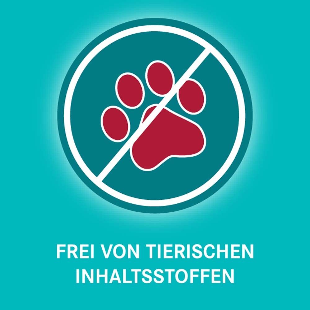 Rundes Symbol mit roter Pfote im Kreis mit einem Strich. Text: FREI VON TIERISCHEN INHALTSSTOFFEN.