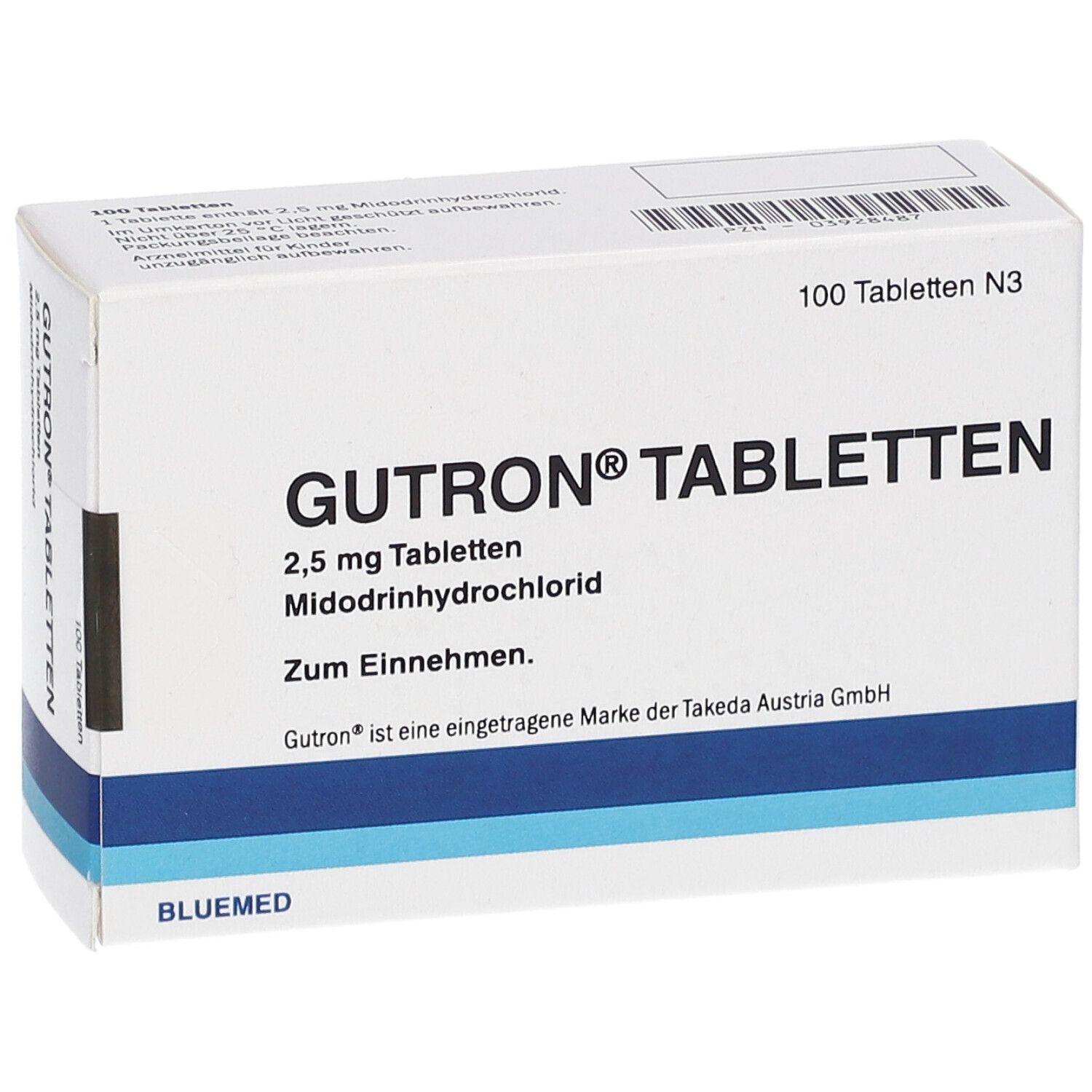 Weiße Tablettenbox mit GUTRON TABLETTEN 2,5 mg. Enthält 100 Tabletten. Marke: Takeda Austria GmbH.