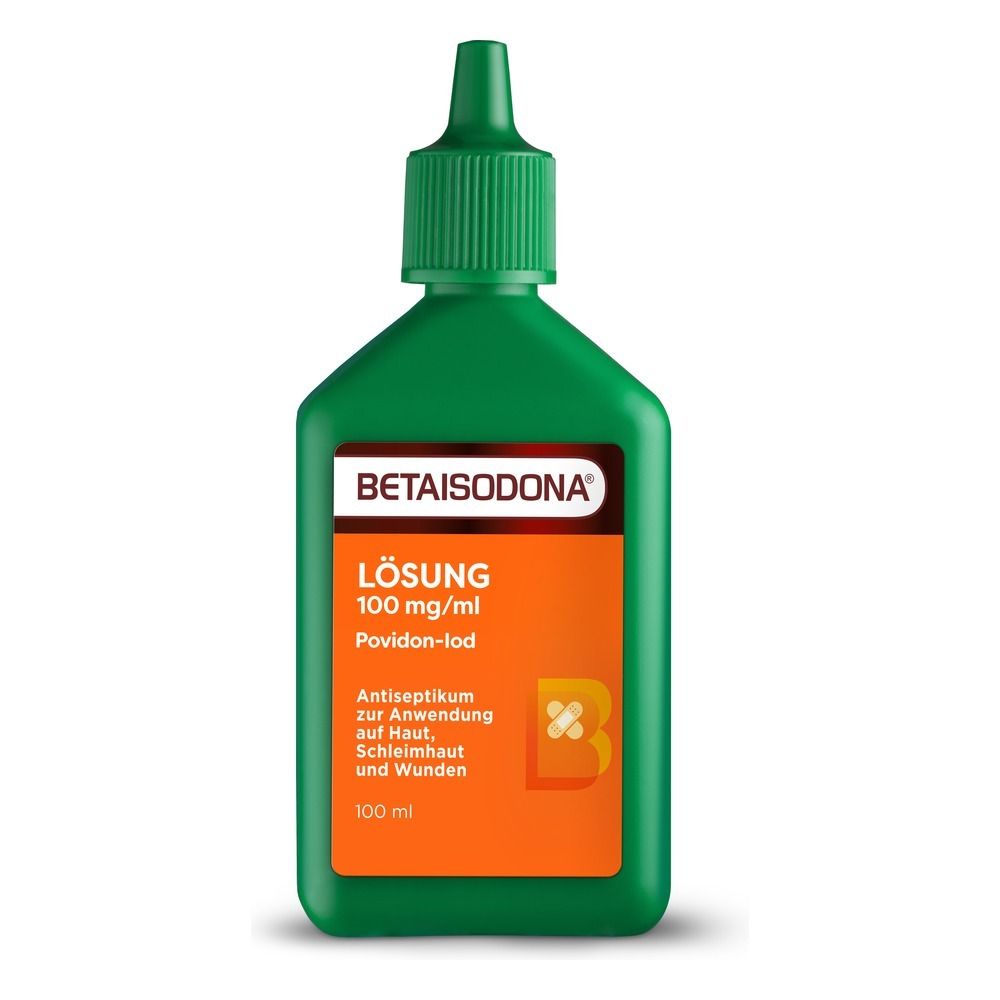 Grüne Flasche mit BETADONA Lösung 100mg/ml Povidon-Iod.