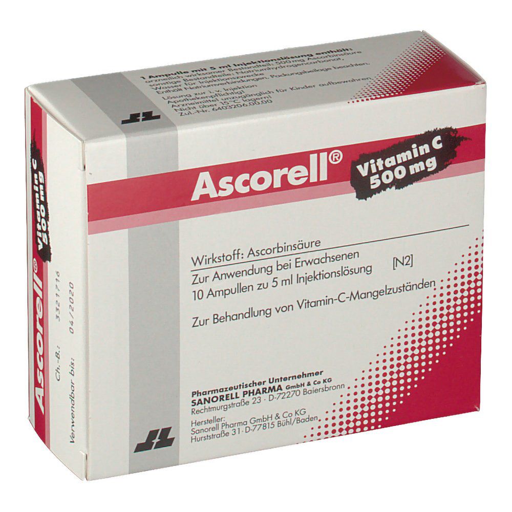 Ascorell®-Verpackung. Enthält 10 Ampullen Vitamin C 500 mg. Weiße Schachtel mit roter und grauer Schrift. Text: Ascorbinsäure.