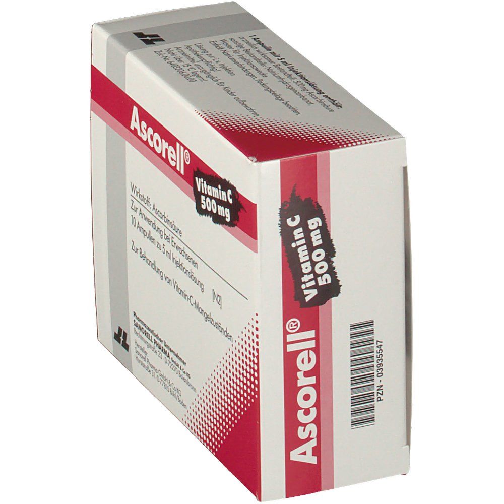 Ascorell®-Verpackung. Enthält 10 Ampullen Vitamin C 500 mg. Weiße Schachtel mit roter Schrift. Text: Ascorbinsäure.