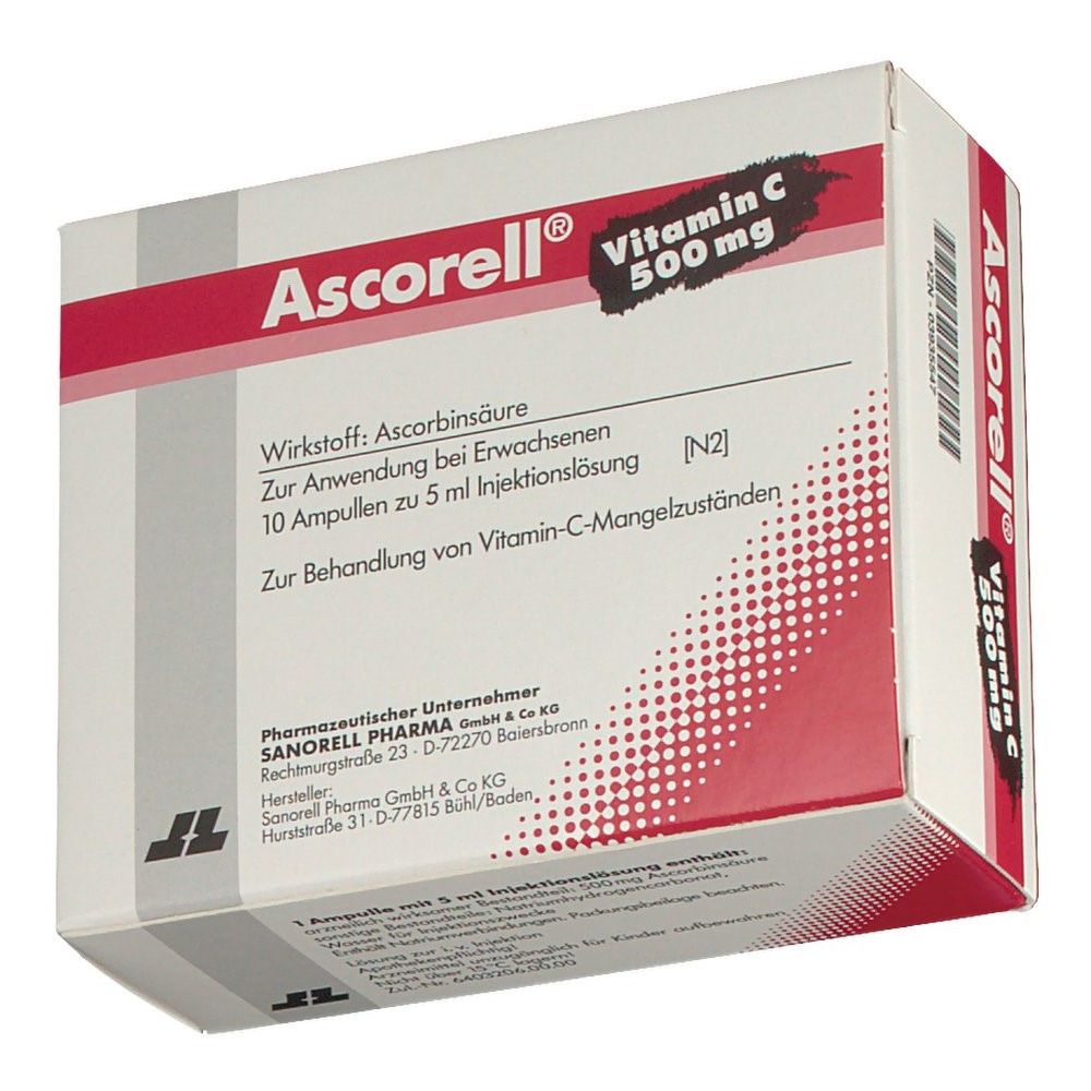 Ascorell®-Verpackung. Enthält 10 Ampullen Vitamin C 500 mg. Weiße Schachtel mit roter Schrift. Text: Ascorbinsäure.