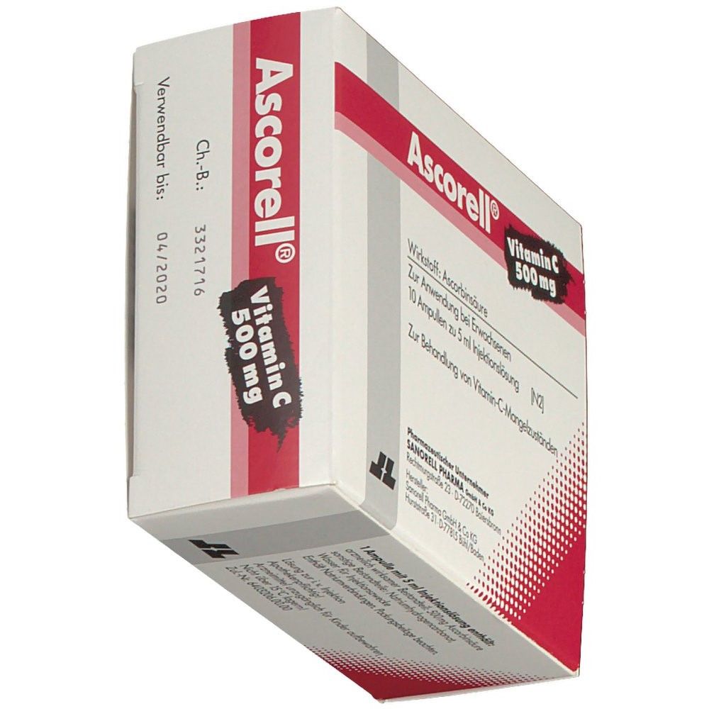 Ascorell®-Verpackung. Enthält 10 Ampullen Vitamin C 500 mg. Weiße Schachtel mit roter Schrift. Text: Ascorbinsäure.
