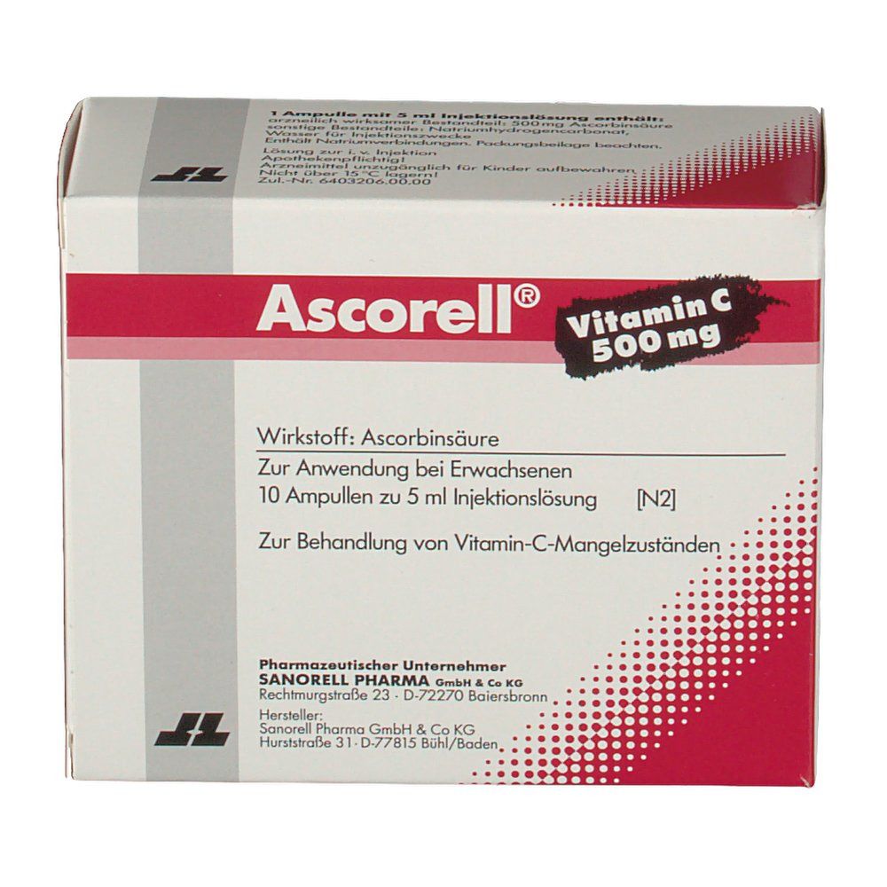 Ascorell®-Verpackung. Enthält 10 Ampullen Vitamin C 500 mg. Weiße Schachtel mit roter Schrift. Text: Ascorbinsäure.